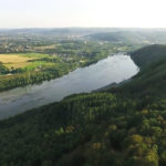 Drohnenaufnahme von Wald und Fluss